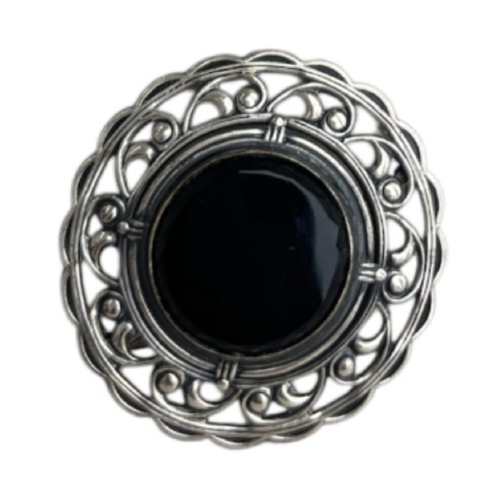 Vintage Sterling Silver Brooch Pin Onyx Black Stone Ornate Scrolled Filigree - Picture 7 of 15